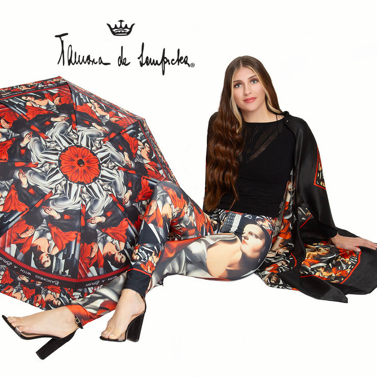 Wendy Newman Designs Tamara reverse Umbrella outside with scarf and leggings