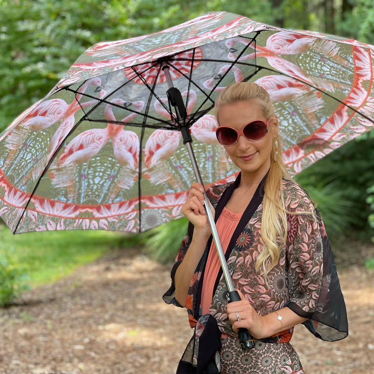Flamingo Feathers Zoo Kimono tied at waist with umbrella and leggings Wendy Newman Designs