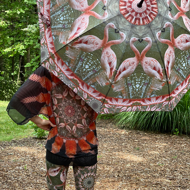 Flamingo Feathers Zoo Kimono back tied at hips Wendy Newman Designs