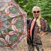 Flamingo Feathers Zoo Kimono tied at hips Wendy Newman Designs