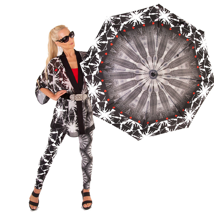 I love NY World Tour Fan Umbrella Wendy Newman Designs leggings kimono and fan umbrella