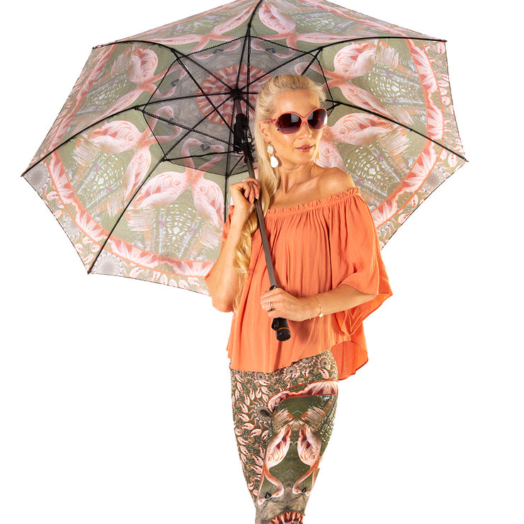 Frances Flamingo Critter Collection Fan Umbrella inside and leggings Wendy Newman Designs