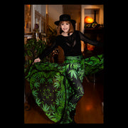 Bhang Cannabis Chic leggings front 2 and custom. silk skirt Wendy Newman Designs