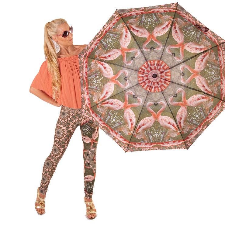Frances Flamingo Critter Collection Fan Umbrella outside and leggings Wendy Newman Designs